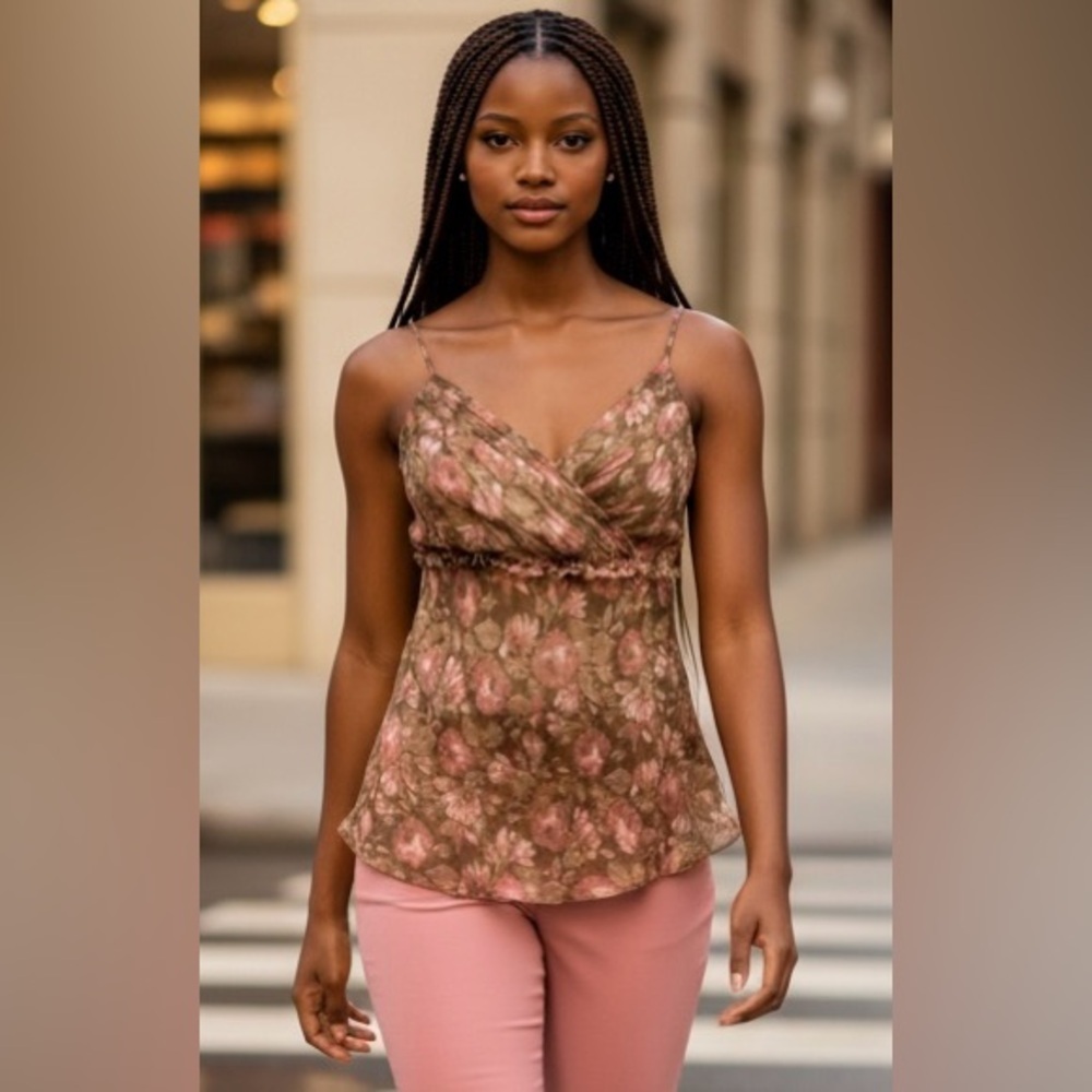 NWT Context SZ 8P brown & coral pink silk top w/adjustable straps bust 32”-34”